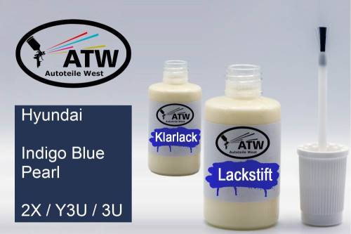 Hyundai, Indigo Blue Pearl, 2X / Y3U / 3U: 20ml Lackstift + 20ml Klarlack - Set, von ATW Autoteile West.